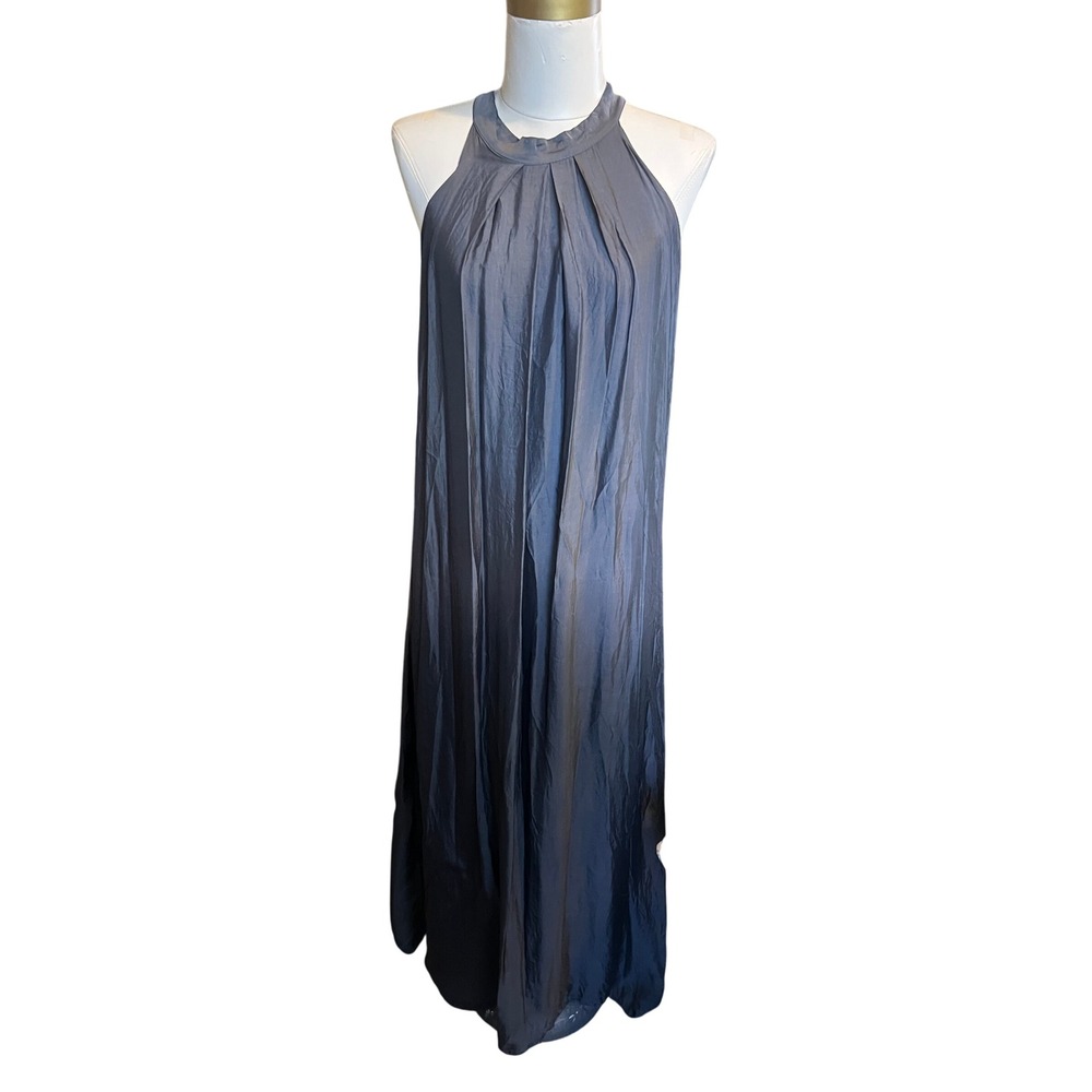 SOFIA Made in Italy Halter Neck Pleated Maxi‎ Dress Silk Viscose Blend Gray
